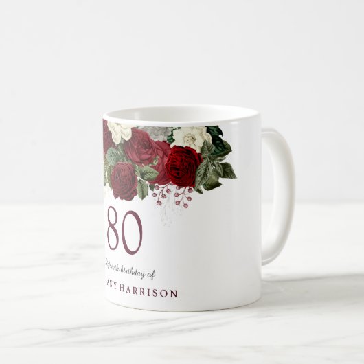 Burgundy Red White Rose 80th Birthday Favor Gift Koffiemok (Voorkant rechts)