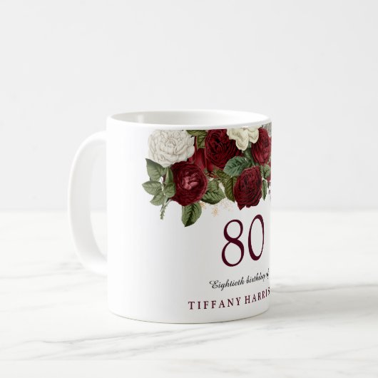 Burgundy Red White Rose 80th Birthday Favor Gift Koffiemok (Voorkant links)