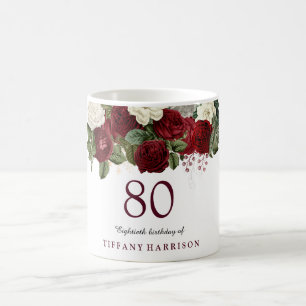 Burgundy Red White Rose 80th Birthday Favor Gift Koffiemok