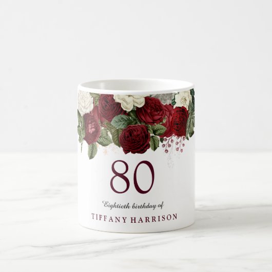 Burgundy Red White Rose 80th Birthday Favor Gift Koffiemok (Center)