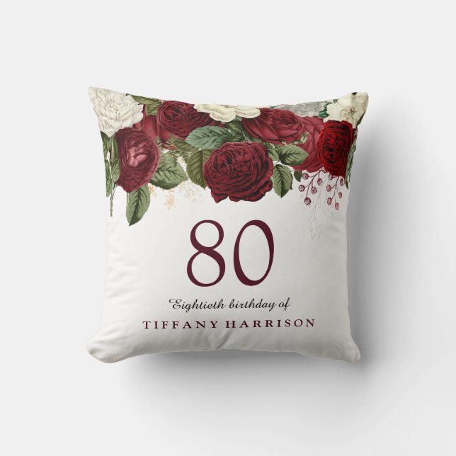 Burgundy Red White Rose 80th Birthday Gift Kussen (Voorkant)