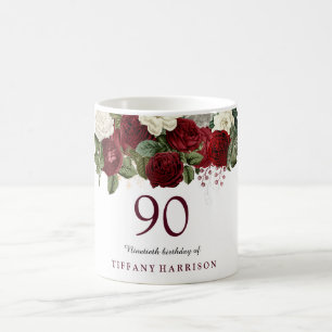 Burgundy Red White Rose 90th Birthday Favor Gift Koffiemok