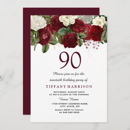 Burgundy Red White Rose 90th Birthday Party Invite Kaart (Voorkant / Achterkant)
