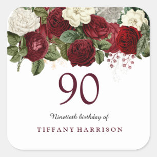 Burgundy Red White Rose 90th Birthday Sticker