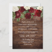 Burgundy Red White Rose Rustic Wedding Invite Kaart (Voorkant)
