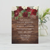 Burgundy Red White Rose Rustic Wedding Invite Kaart (Staand voorkant)