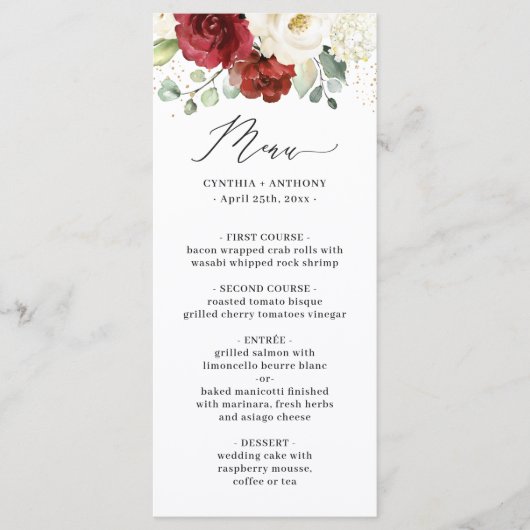Burgundy Red White Roses Floral Eucalyptus Weddens Menu (Voorkant)