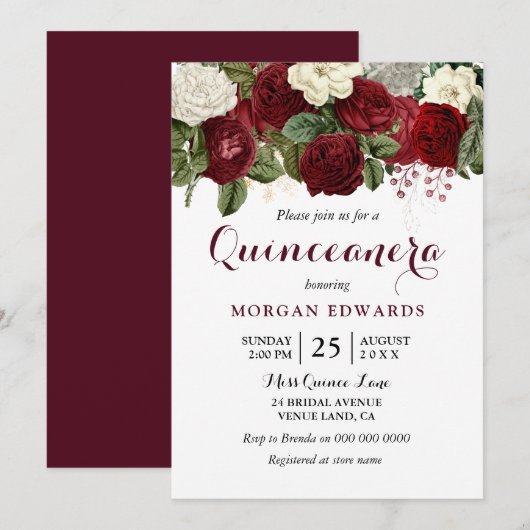 Burgundy Red White Roses Quinceanera Invite Kaart (Voorkant / Achterkant)