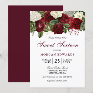 Burgundy Red White Roses Sweet 16 Invite Kaart