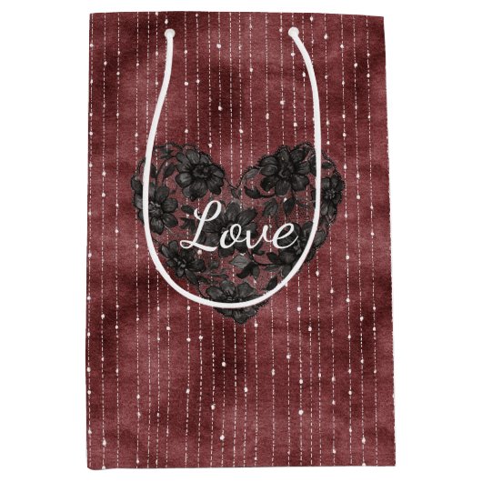Burgundy Red White Stripes Black Faux Lace Heart  Medium Cadeauzakje (Voorkant)