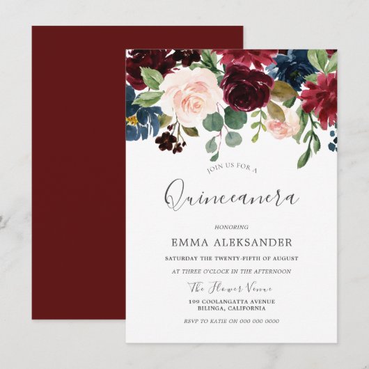 Burgundy Red Wine Beauful Quinceanera Invite Kaart (Voorkant / Achterkant)