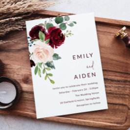 Burgundy Red Wine & Blush Floral Wedding Kaart