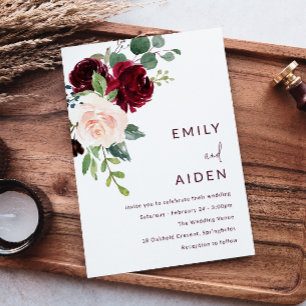 Burgundy Red Wine & Blush Floral Wedding Kaart