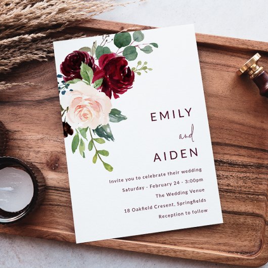 Burgundy Red Wine & Blush Floral Wedding Kaart