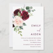 Burgundy Red Wine & Blush Floral Wedding Kaart (Voorkant)