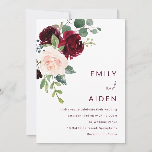 Burgundy Red Wine & Blush Floral Wedding Kaart (Voorkant)