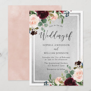 Burgundy Red Wine Blush Flowers & Silver Wedding Kaart