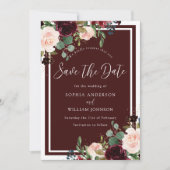 Burgundy Red Wine & Blush Flowers Weddenschap Save The Date (Voorkant)