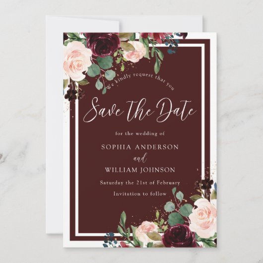 Burgundy Red Wine & Blush Flowers Weddenschap Save The Date (Voorkant)