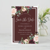 Burgundy Red Wine & Blush Flowers Weddenschap Save The Date (Staand voorkant)