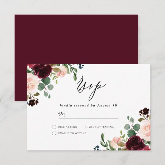 Burgundy Red Wine & Blush Modern Weddenschap RSVP Kaartje (Voorkant / Achterkant)