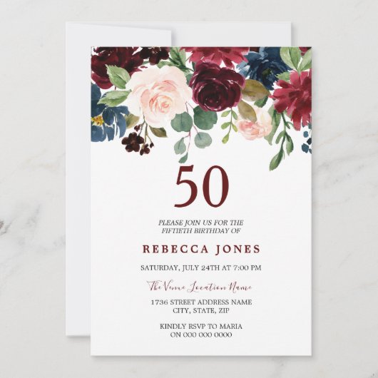 Burgundy Red Wine Floral 50th Birthday Invite Kaart (Voorkant)