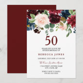 Burgundy Red Wine Floral 50th Birthday Invite Kaart (Voorkant / Achterkant)