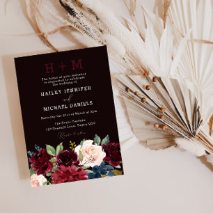 Burgundy Red Wine Floral Monogram Weddenschap Kaart