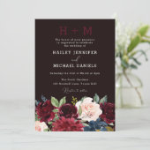 Burgundy Red Wine Floral Monogram Weddenschap Kaart (Staand voorkant)