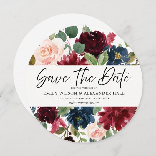 Burgundy Red Wine Floral Script Photo Weddenschap Save The Date (Voorkant / Achterkant)
