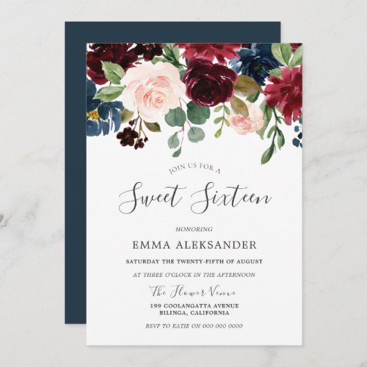 Burgundy Red Wine Floral Sweet 16 Invite Kaart (Voorkant / Achterkant)