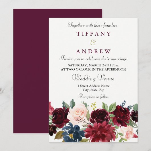 Burgundy Red Wine Flowers Elegant Wedding Invite Kaart (Voorkant / Achterkant)