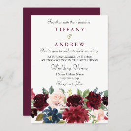 Burgundy Red Wine Flowers Elegant Wedding Invite Kaart