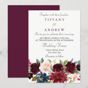 Burgundy Red Wine Flowers Elegant Wedding Invite Kaart