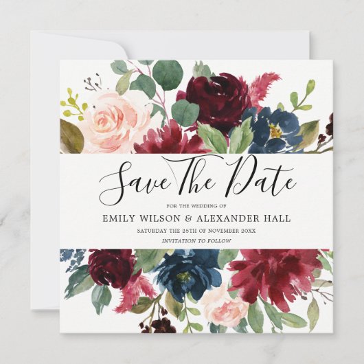 Burgundy Red Wine Flowers Foto Weddenschap Save The Date (Voorkant)
