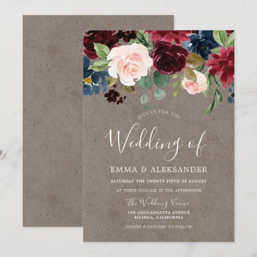 Burgundy Red Wine Flowers Modern Wedding Invite Kaart (Voorkant / Achterkant)