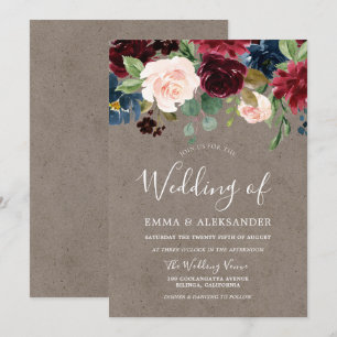 Burgundy Red Wine Flowers Modern Wedding Invite Kaart