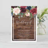 Burgundy Red Wine Flowers Rustic Wood Weddenschap Kaart (Staand voorkant)
