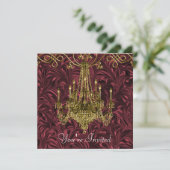 Burgundy Red Wine Gold Chandelier Party Kaart (Staand voorkant)