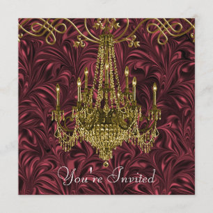 Burgundy Red Wine Gold Chandelier Party Kaart