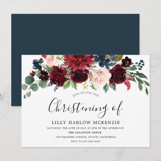 Burgundy Red Wine Modern Christening Uitnodiging (Voorkant / Achterkant)