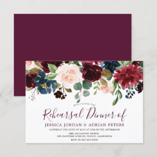 Burgundy Red Wine Navy Flowers Rehearsal Dinner Kaart