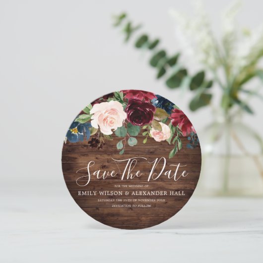 Burgundy Red Wine Rustic Wood Weddenschap Save The Date (Staand voorkant)