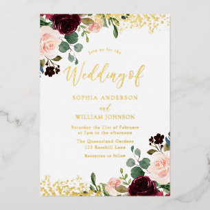 Burgundy Red Wine Wedding Golden Sparkle Folie Uitnodiging