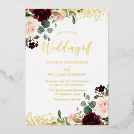 Burgundy Red Wine Wedding Golden Sparkle Folie Uitnodiging
