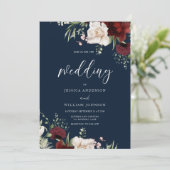 Burgundy Red Wine White Floral Navy Weddenschap Kaart (Staand voorkant)