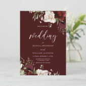 Burgundy Red Wine White Floral Wedding Kaart (Staand voorkant)
