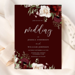 Burgundy Red Wine White Floral Wedding Kaart