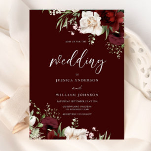 Burgundy Red Wine White Floral Wedding Kaart