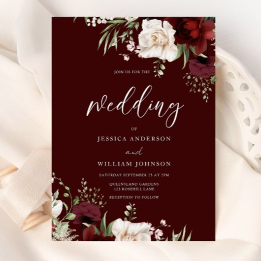 Burgundy Red Wine White Floral Wedding Kaart